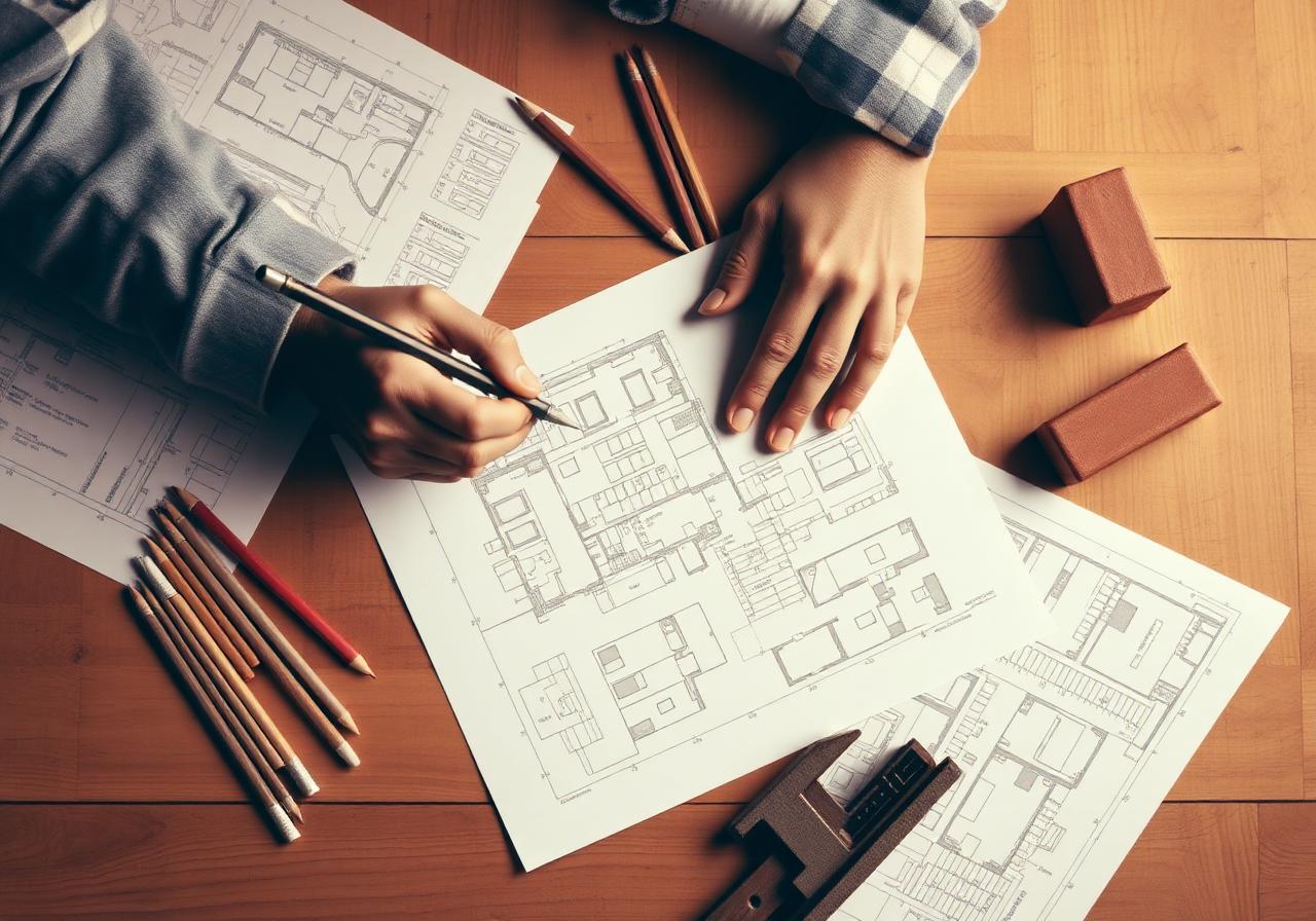 Sketching plans on a craftsman's workbench